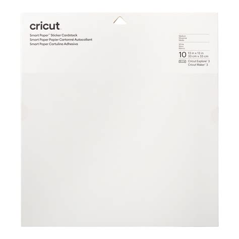 Cricut Smart Sticker Cardstock 33x33cm 10 sheets (White); 10 sheets 13 in x 13 in (30.5 cm x 30.5 cm) in White; Skip the glue for hassle-free paper projects; Works without a cutting mat – just load & go!; Smooth, medium weight (210 gsm / 78 lb); For Cricut Maker® 3 & Cricut Explore® 3